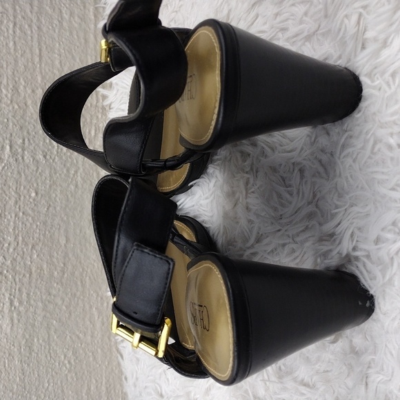 Chaps Black Faux Leather Almond Open Toe High Blocked Heel Slingback Sandal - Picture 5 of 15